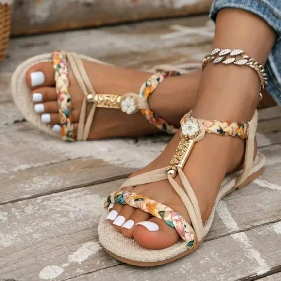 Women Summer Woven Flat Sandals Lightweight Slip Resistant Beach Sandals - Picture 3 of 5